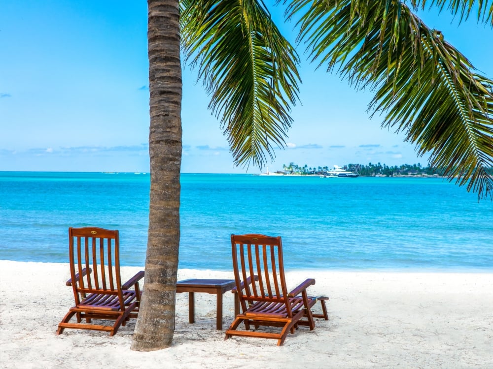 Beach chairs on Jaws Beach in Nassau Paradise Island