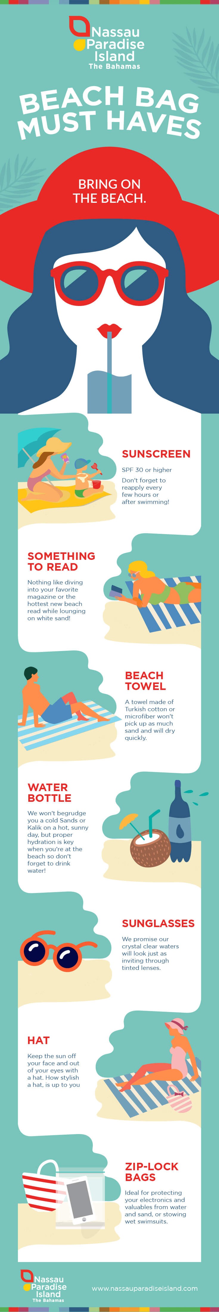 An infographic of items to pack in your beach bag on vacation.