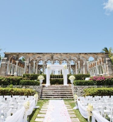 A beautiful wedding ceremony set up at the Cloisters, The Ocean Club, a Four Seasons Resort, Bahamas
