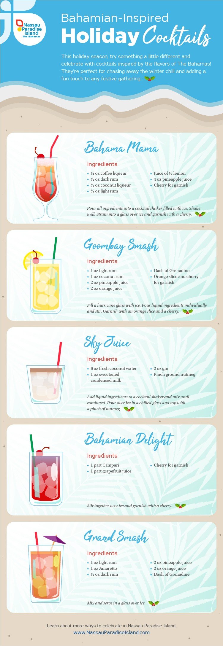 Infographic featuring Bahamian-style holiday cocktail recipes