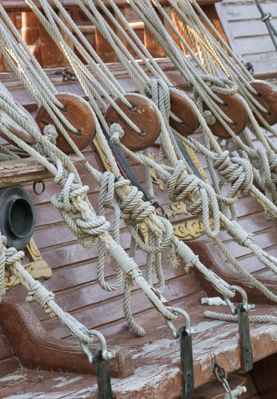 Ropes and cannons on a replica pirate ship. 