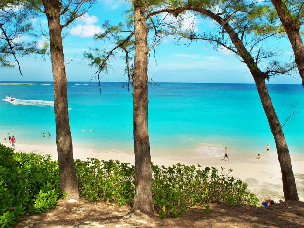 View of a tropical beach with turquoise waters.